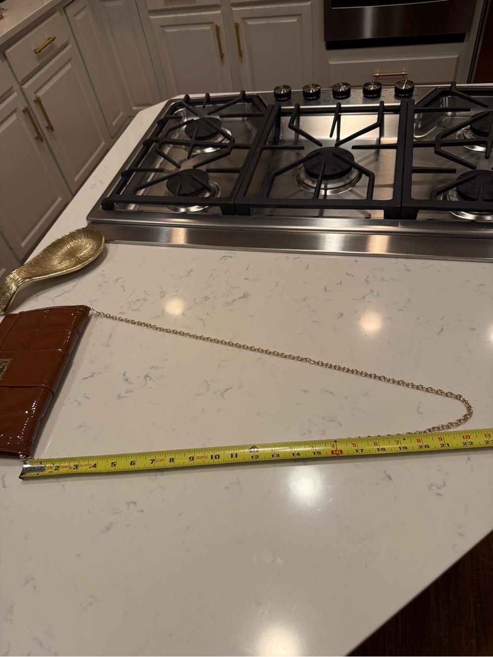 LIKE DREAMS BROWN COGNAC FAUX PATENT LEATHER CLUTCH EVENING PURSE GOLD CHAIN - Picture 13 of 13